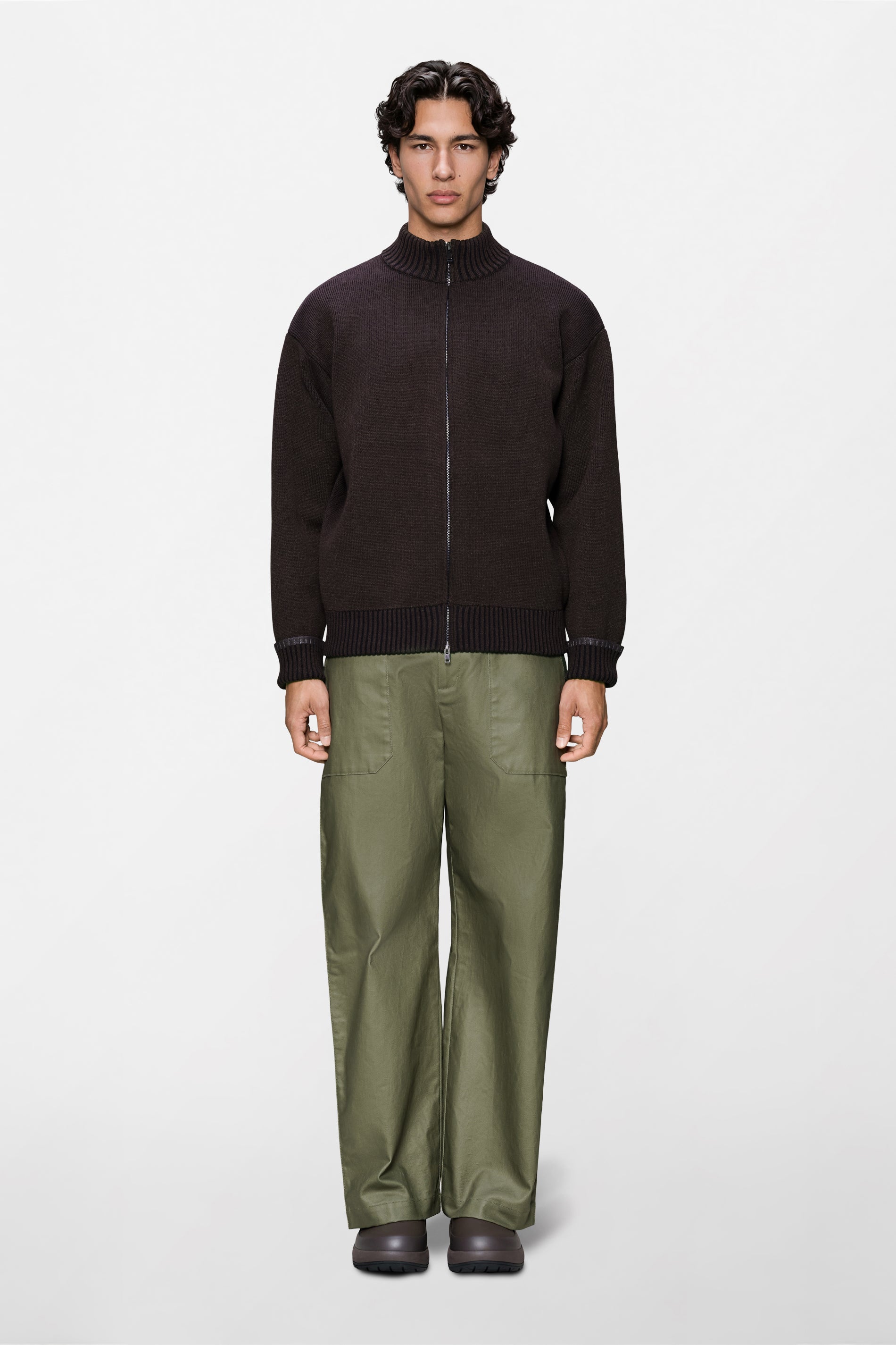 RAINS Sowa Knit Zip Cardigan Bark / Black Long Sleeve